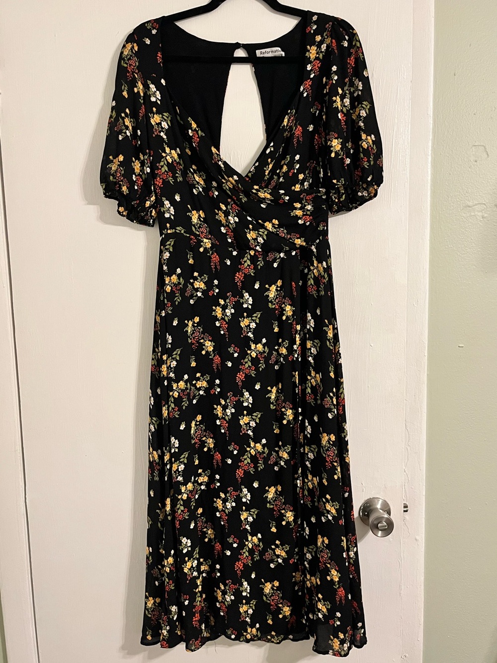 Reformation Black Floral Wrap Midi Dress with Keyhole Back